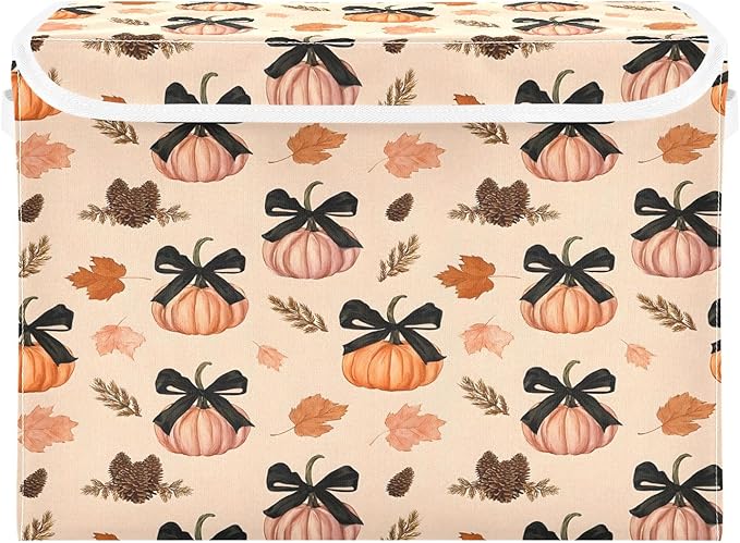Bolaz Storage Bins with Lids and Handles,Pumpkin Black Bows Leave Pattern Storage Box Basket with Cover Collapsible Organizer Containers for Home Closet, Shelves