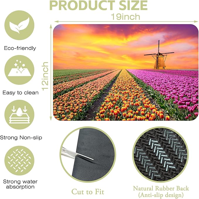 Kitchen Mat Sunrise Tulip Field Dish Drying Mat 12"x19" Bsorbent Coffee Maker Mat for Sink Dishes or Under Rack Kitchen Counter Accessories Absorbent Hide Stain Rubber Backed Dish Drying Pad
