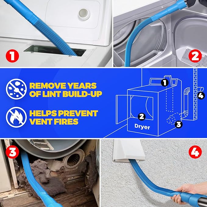 Holikme 50 Pieces 35 Feet Dryer Vent Cleaner Kit, Dryer Cleaning Tools, Include Dryer Vent Brush, Omnidirectional Blue Dryer Lint Vacuum Attachment, Dryer Lint Trap Brush, Vacuum & Dryer Adapters