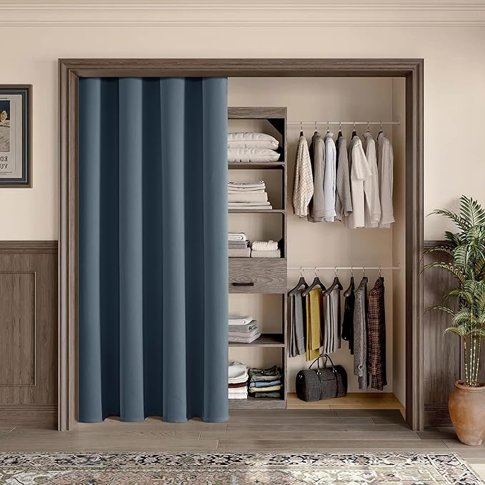 ChrisDowa Blackout Door Curtains for Doorway Privacy, Grommet Closet Curtains for bedroom closet door, Thermal Insulated Temporary Doorway Cover Room Divider Drapes (1 Panel, Stone Blue, 42 x 80 Inch)