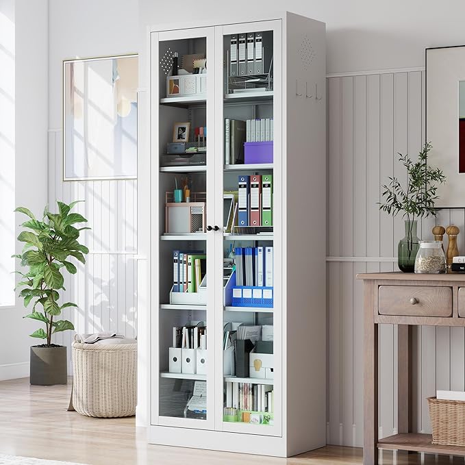 Kitchen Pantry Cabinet, 72" H Storage Cabinet with Glass Doors and Adjustable Shelves, Metal Bathroom Cabinets, Freestanding Cupboard for Kitchen, Living Room, Assembly Required, White