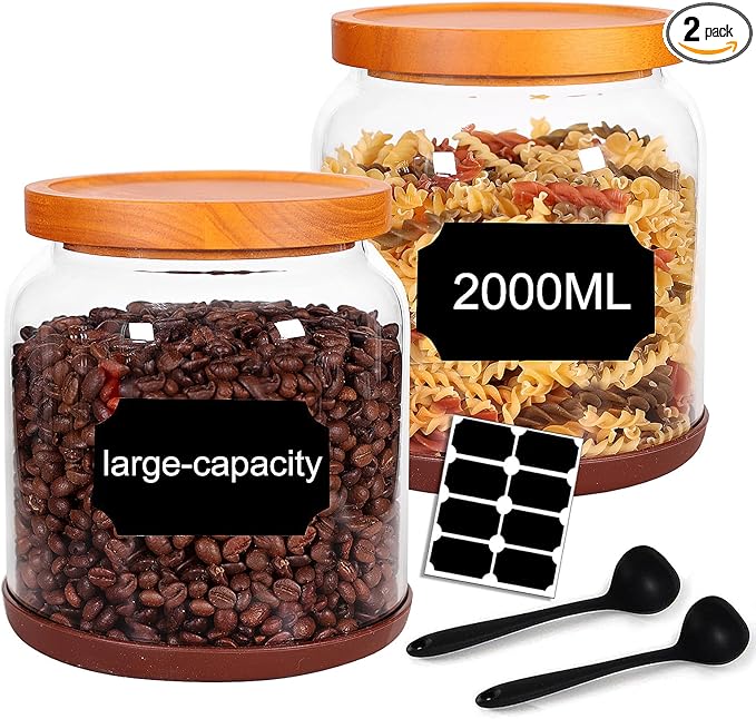 SAIOOL 2-Pack Striped Borosilicate Glass Airtight Canisters - Big mouth Large Capacity, Acacia Wood Lid, Food Storage Jars for Flour, Pasta, Pantry Organization (1/2 Gallon （Yellow Press lid 2 pack）)