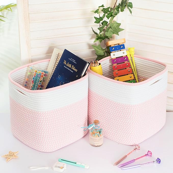MINTWOOD Design 3-Pack 11x11 Inch Cube Storage Bin, Woven Storage Cube Organizer, Closet Organizer, Cute Square Storage Bins, Decorative Classroom Bathroom Pantry and Shelf Baskets, Light Pink