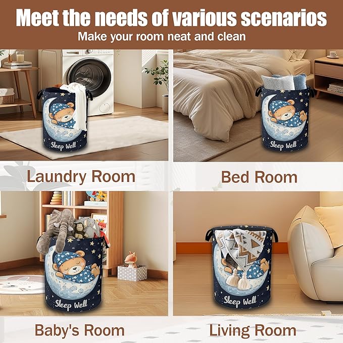 Cute Bear Doll Laundry Hamper,Sleep Well Laundry Baskets,Waterproof Oxford Cloth Toy Storage for Bedroom,Bathroom,Nursery,16x20.8 Inch