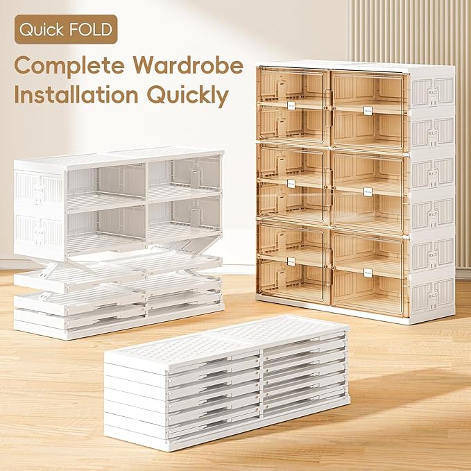 JEKO&JEKO 10-Tier Foldable Shoe Storage Box with Magnetic Doors, Large Stackable Shoe Organizer Cabinet for Entryway, Clear Front Door Shoe Boxes Hold Up to 40 Pairs (White)