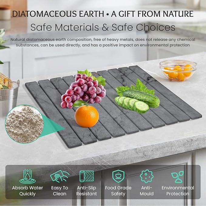 Stone Dish Drying Mat Collapsible Diatomaceous Earth Absorbent Mat Quick Dish Drying Pad Dish Rack Pad Match Any Counterto Multiple Usage for Kitchen,Bathroom (Dark-Gray Marble Pattern, 24"L x 16"W)