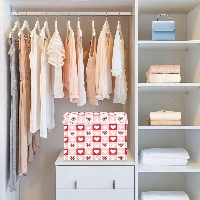 Bolaz Red Checkboard Dog Footprint Hearts Pattern Storage Bins with Lids and Handles, Foldable Storage Box Storage Basket with Cover Collapsible Organizer Containers for Home Closet, Shelves