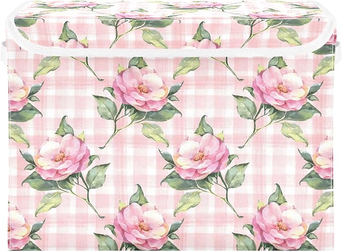 Collapsible Storage Bins with Lids, Pink Rose Flower Floral Buffalo Plaid Checkered Storage Boxes for Organizing