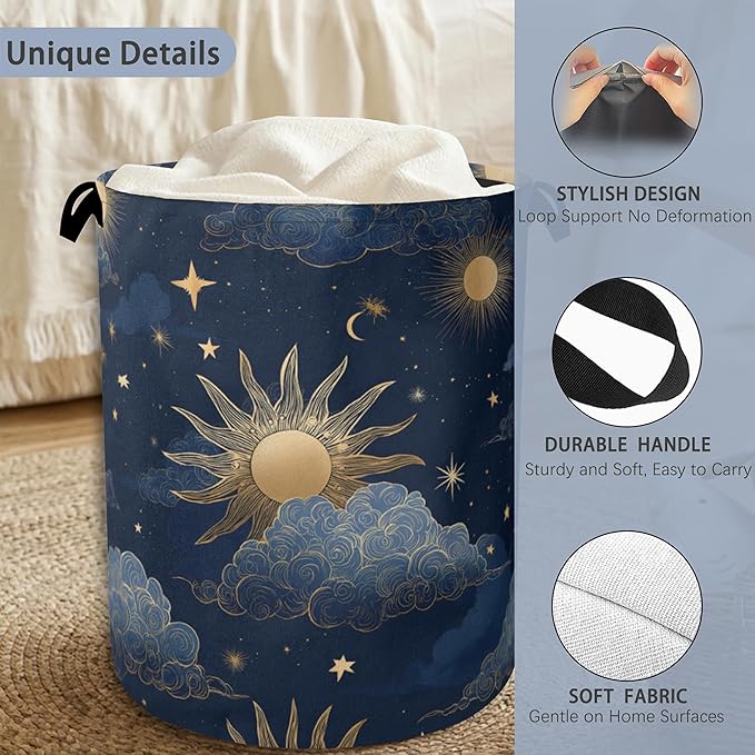 Sun Moon Stars Laundry Basket,Oxford Cloth Laundry Hamper with Handle Foldable Portable Clothes Storage Basket for Bathroom Bedroom Dorm Room 16" x 20.8"