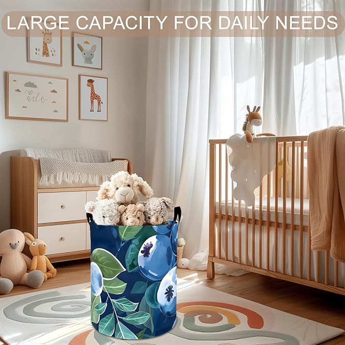 Blueberry Laundry Basket Hamper 19.7"x15.8", Fresh Blueberry Foldable Waterproof Oxford Clothes Storage Bucket for Room Bathroom Bedroom Nursery Decor, Toy Organizer Bins Gifts for Kids Boys Girls
