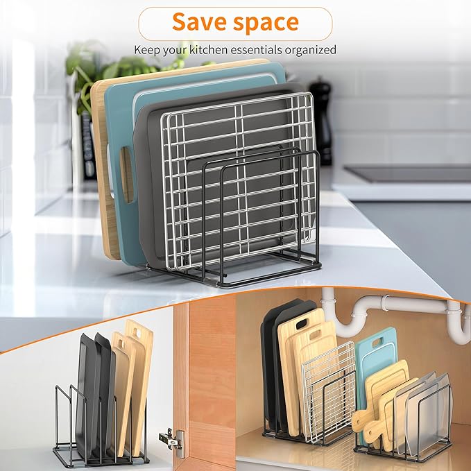 VAEKUCEAN Cutting Board Organizer, Kitchen Cabinet Organizer, Divided Rack with 5 Slots for Baking Trays, Cutting Boards - Cookie sheet Organizer Inside Cabinet, Baking Sheets Holder (large)