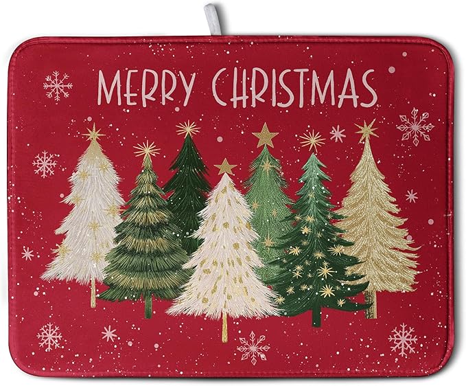 Wnoesat Merry Christmas Dish Drying Mat for Kitchen Counter 18x24 Inch Red Xmas Tree Snowflakes Drying Pad Winter Holiday Absorbent Microfiber Dish Draining Reversible Dish Drainer Rack Mat