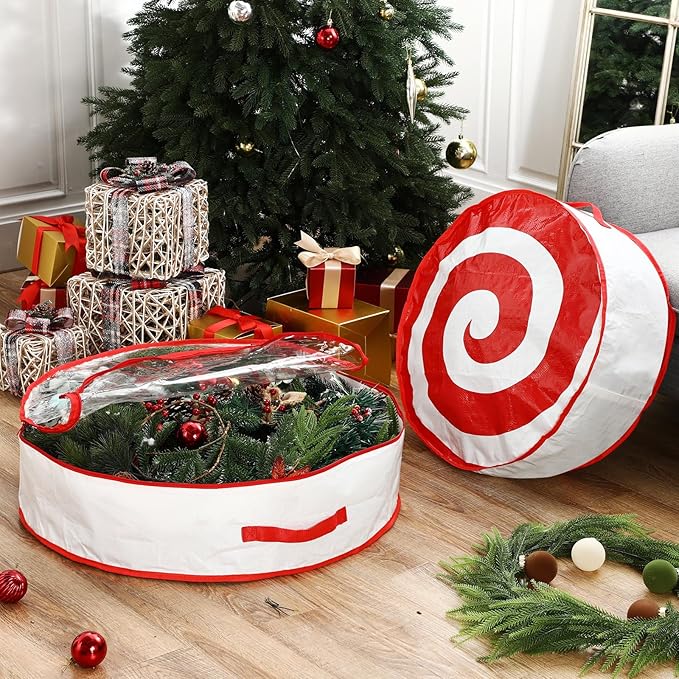4 Pcs 24 Inch Christmas Wreath Storage Bag Candy Cane Wreath Storage Container Clear Window Dual Zipper Handle Red White Peppermint Garland Organizer for Holiday Decoration, Classic Lollipop