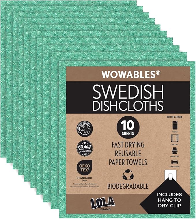 LOLA Swedish Dishcloths for Kitchen 10 Sheets, Biodegradable & Compostable Reusable Paper Towel Cleaning Cloths Zero Waste No Odor Washing Dishes Ultra Absorbent Cellulose Sponge Towel Made in Germany