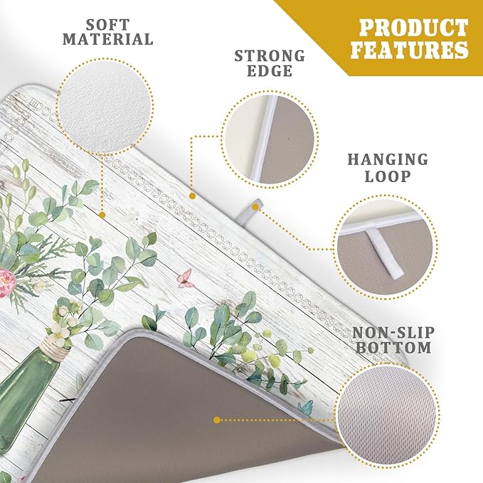 Fern Leaf Vase Dish Drying Mat 18x24 Inch Eucalyptus Leaves Microfiber Absorbent Dish Drainer Mat Reversible Drying Pad for Kitchen Counter Sink