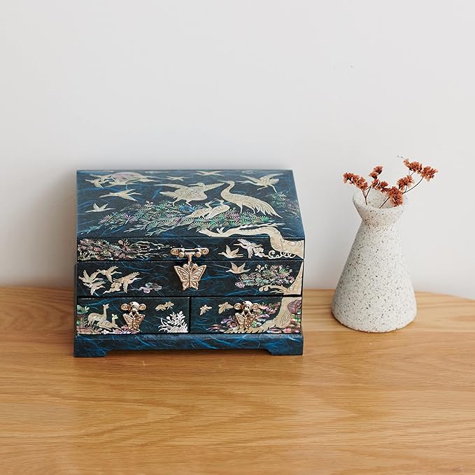 MADDesign Mother of Pearl Lacquered Jewelry Box Two Level Cranes Blue