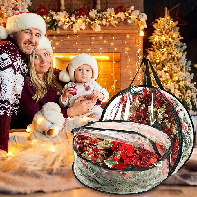 4 Pcs Christmas Wreath Storage Bag, 24 Inch Clear Black Edging Xmas Wreath Storage Container, Garland Holiday Artificial Wreath Storage Holder, Water Proof Transparent PVC with Handles