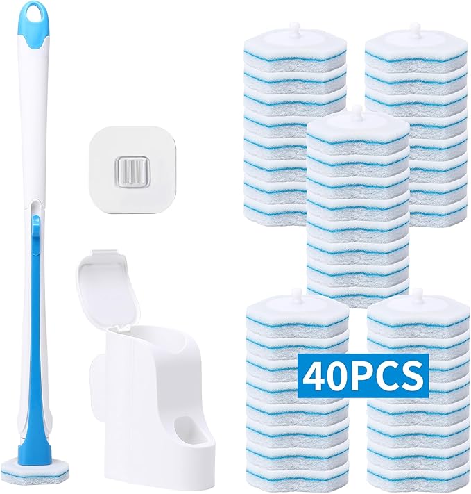 DALIPER Disposable Toilet Brush with 40PCS Refills, Wall Mounted Compact Bathroom Bowl Wand Cleaning System Long Handle with Storage Caddy