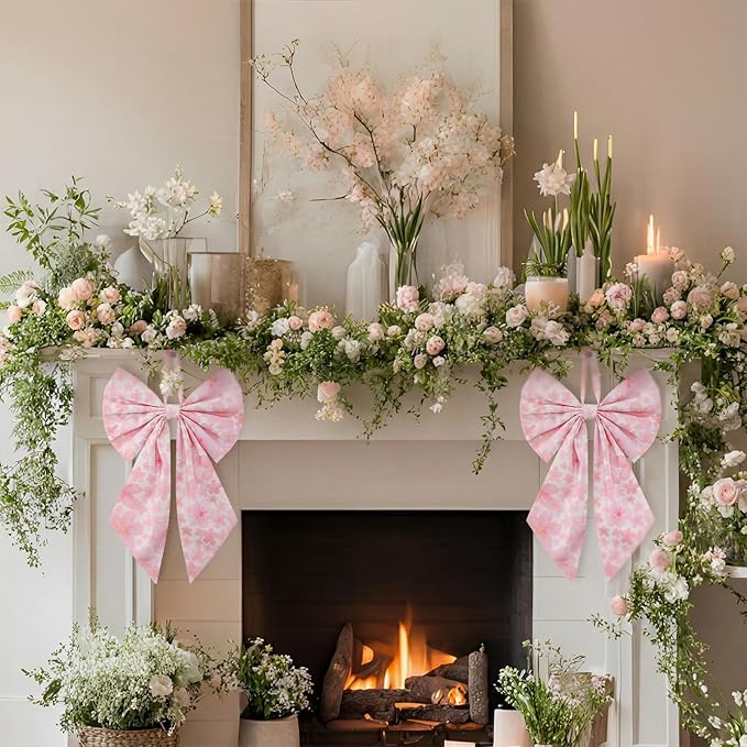 2 Pcs Spring Cherry Blossoms Wreath Bows 19.6'' x 11.8'' Large Tree Topper Pink Ornament Rustic Burlap Wreath Sash for Front Door Spring Party Yard Doorway Indoor Outdoor Wall Decor
