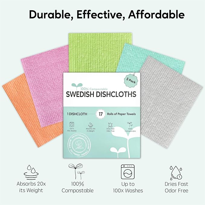 Auggee Swedish Dishcloths for Kitchen, 5 Pack Swedish Dish Cloths, Ultra Absorbent Reusable Paper Towels, Cellulose Sponge Cloths, Quick Drying, No Odor, Dishwasher Safe