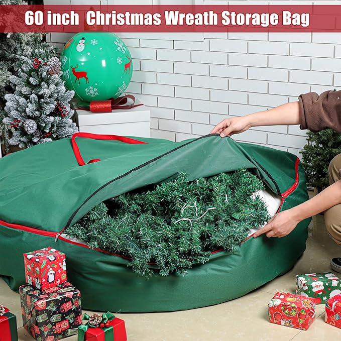 1 Pcs 60" Christmas Wreath Storage Bag Zippered Garland Holiday Container with Reinforced Handle Tear Resistant 600d Oxford Organizer Wreath Holder with Card (Green)