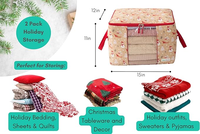 Canvas Storage Bags Designer Organizer 2 Pack – Seasonal Storage for Sweaters, Blankets, Linens & Garments – Foldable Design with Zip & Window, Moth-Proof Space Saver, Snowman Print