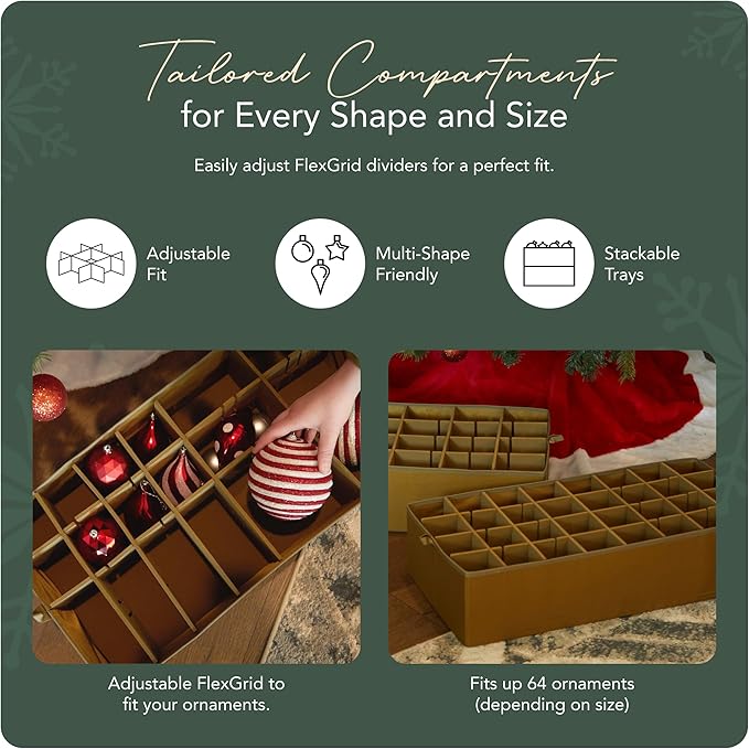 Covermates Keepsakes Adjustable Ornament Storage Box – Heavy-Duty Polyester, Padded Dividers & FlexGrid Trays – Protective Holiday Organizer with Stackable Walls & Label Window, Green
