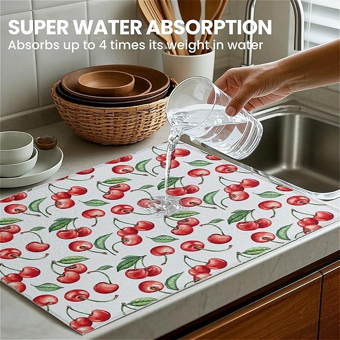 Dish Drying Mat For Kitchen Counter, Cherry Leaf Microfiber Absorbent Dish Drainer Rack Pad Reusable Large 18x24in Drying Mat