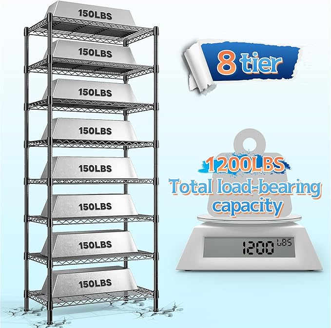 DurayLoly 8 Tier Storage Shelves Wire Shelving Unit 1200LBS,Metal Shelving Adjustable and Heavy Duty Shelves for Storage Rack,Pantry Shelves Kitchen Office Industrial Commercial 72H X 13.8D X 23.6W