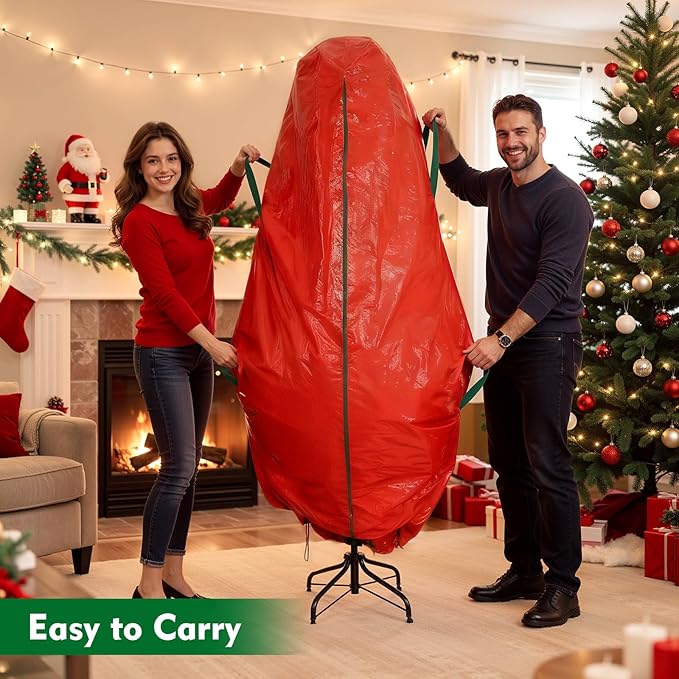 9 ft Christmas Tree Storage Bag, Upright Christmas Tree Bag with Strong Handles, Waterproof & Tear Resistant Xmas Storage Cover with Zippers for Wide Opening(Red)