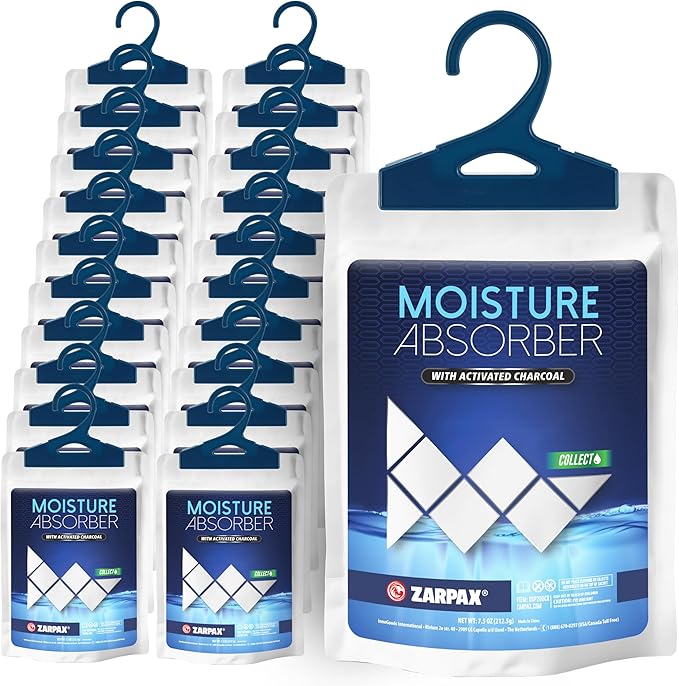 Zarpax Moisture Absorber Sachets Activated Charcoal 7.5 oz/212g - Remove Excess Moisture In Air & Odor - Desiccant Dehumidifier for Closet, Drawer, Storage - Dampness & Humidity Control - Set of 20