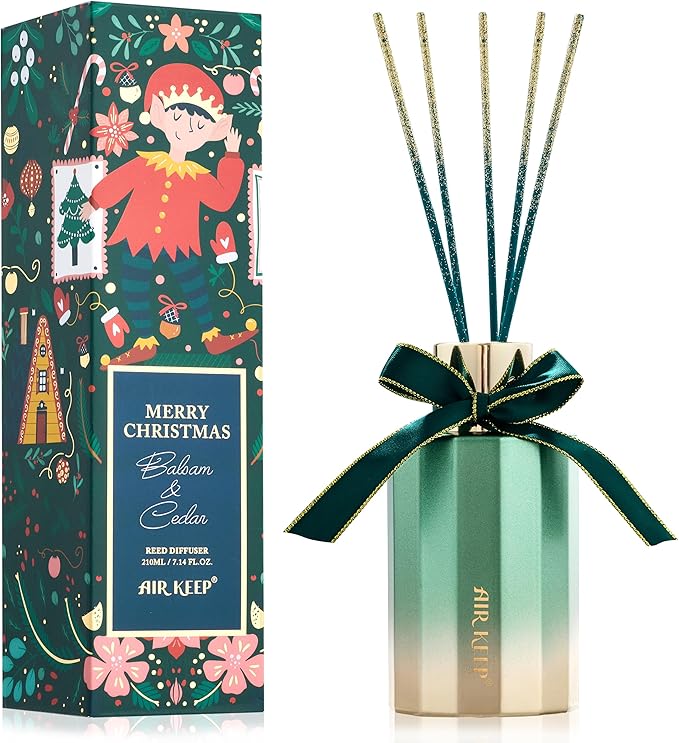 Airkeep Reed Diffuser Set - Balsam & Cedar Reed Diffuser with 8 Reed Sticks - Scented Oil Diffuser for Home & Office Diffuser Bathroom Shelf Decor - Ideal Gift for Holidays 7.1oz