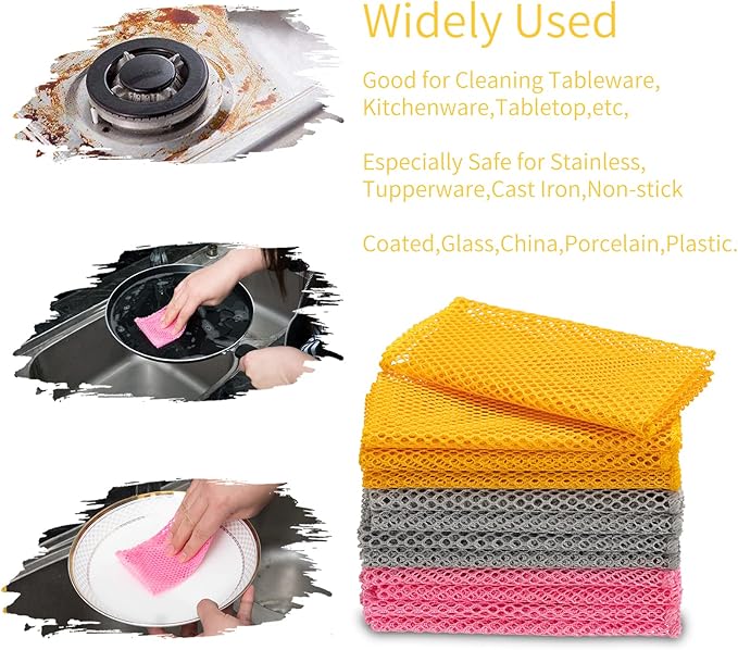 BAIKAFU 12Pcs Dish Wash Net,Innovative Mesh Cloth,Ultra Non-Scratch Dish Rags for Washing Dishes,100% No Odor/Quick Dry,Perfect Scrubber,Dish Sponges for Washing Dishes Yellow/Pink/Gray