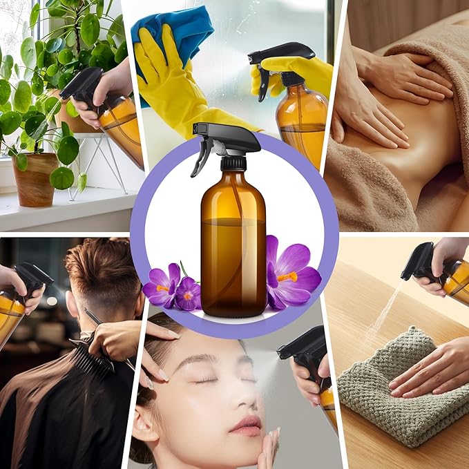 sietpoek 9 Pack Glass Spray Bottle 16oz, Empty Amber Spray Bottle Refillable Container for Essential Oils,Cleaning Products,Aromatherapy spray device
