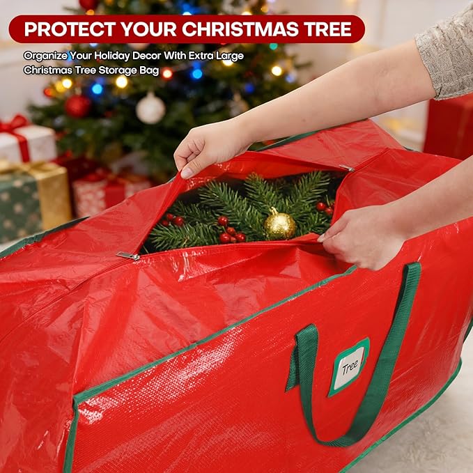 Christmas Tree Storage Bag, For 7.5ft Disassembled Xmas Tree, Heavy Duty Christmas Tree Storage Bag with Sturdy Handles, Tag Card Slot, Zipper, Dust-Resistant and Water-Resistant（Red）