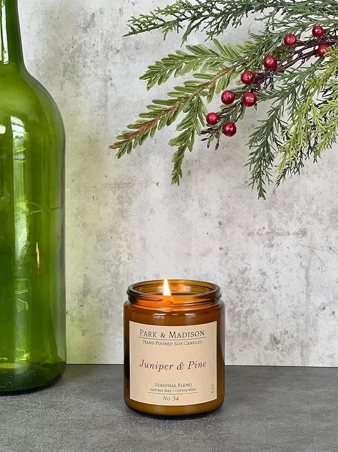 Park & Madison Juniper & Pine Soy Candle - Evergreen, Eucalyptus & Juniper Hand-Poured Soy Wax Candle in Amber Jar | Long-Lasting Floral Scent | Fall Candle for Home & Mother's Day Gift (8 oz)