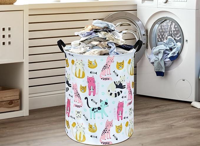 Round Cat Laundry Hamper Storage Basket Laundry Organizer Hamper Storage Bins Clothes Box Nursery Hamper Gift Basket with Handles