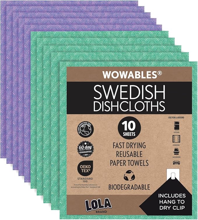 LOLA Swedish Dishcloths for Kitchen 10 Sheets, Biodegradable & Compostable Reusable Paper Towel Cleaning Cloths Zero Waste No Odor Washing Dishes Ultra Absorbent Cellulose Sponge Towel Made in Germany