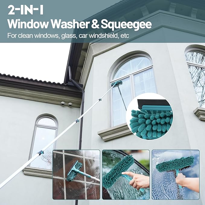 TelesPro 36 Foot High Reach Duster Kit with 7-30FT Extension Pole High Ceiling Dusting and Window Cleaning Kit with Telescopic Pole Window Washer&Squeegee,Cobweb Duster,Fan Duster and Feather Duster