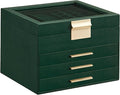SONGMICS Jewelry Box Organizer with Glass Lid, 4-Layer Jewelry Storage, with 3 Drawers, Modern Style, 8 x 9.1 x 6.5 Inches, Forest Green and Gold Color UJBC173C01