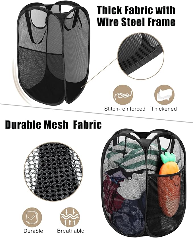 HOUSE AGAIN Mesh Popup Laundry Hamper, [Reinforced] Collapsible Laundry Basket, Foldable Pop Up Hamper with Durable Handles, Easy to Open and Fold for Dorm, Laundry Room, Bedroom, Travel, (Black)