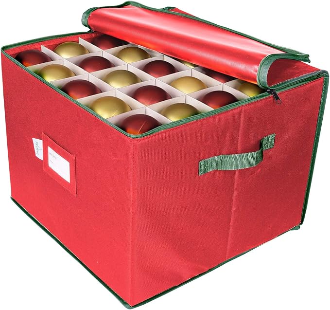 ProPik Large Christmas Ornament Storage Box, Organizer Holds Up to 75 Xmas Ornaments Balls, Holiday Decorations Accessories Storage Container with Dividers, Durable 600D Oxford (Red)