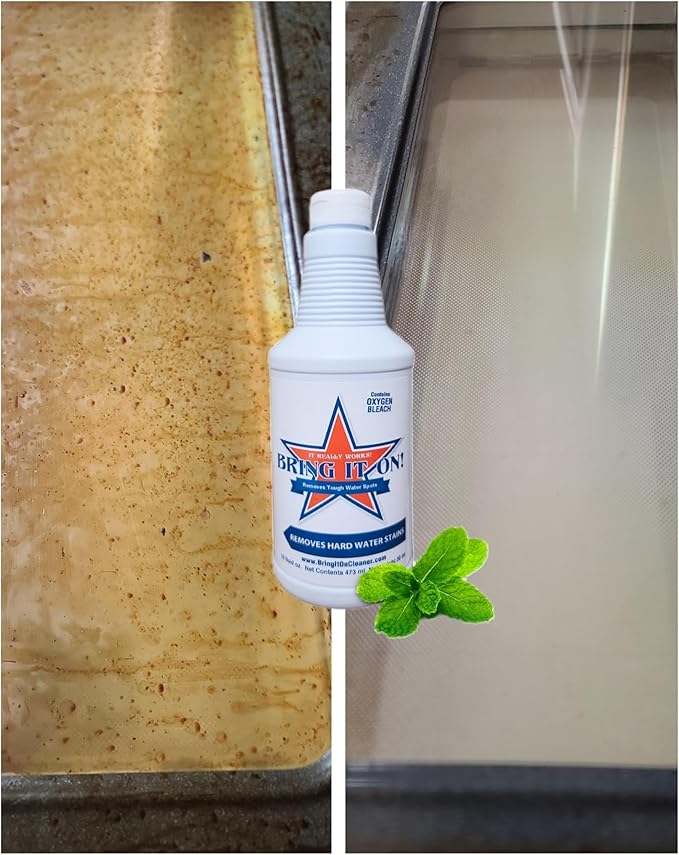 Bring It On Cleaner Hard Water Stain Remover for Glass, Soap Scum remover for Shower glass, Fiberglass, Windows, Tile and Grout Cleaner, Water Spot Remover for Glass Includes Scrubbing Drill Pads