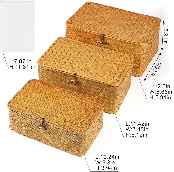 Wicker Shelf Baskets with Lid,Handwoven Seagrass Basket Storage Bins Rectangular Household Basket Boxes for Shelf Wardrobe Desktop Home Organization,Set of 3 Storage Baskets + 5 Storage Bags
