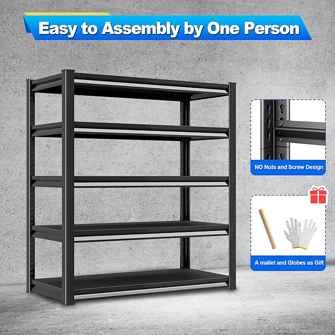 Rufokisa Garage Shelving Heavy Duty，Large Loads Adjustable Garage Storage Shelves, Metal Storage Racks and Shelving Units, Utility Rack Shelves,47.2”W x 24”D x 78”H,Black