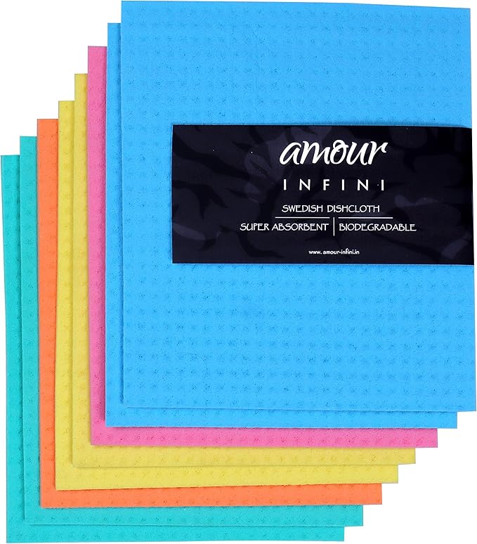 AMOUR INFINI Swedish Dishcloth Cellulose Sponge 8 Pack - No Odor, Resuable and Absorbent Cleaning Cloths for Kitchen, Bathroom, Glass Surface, Furniture (8"x7" Inch - Assorted)