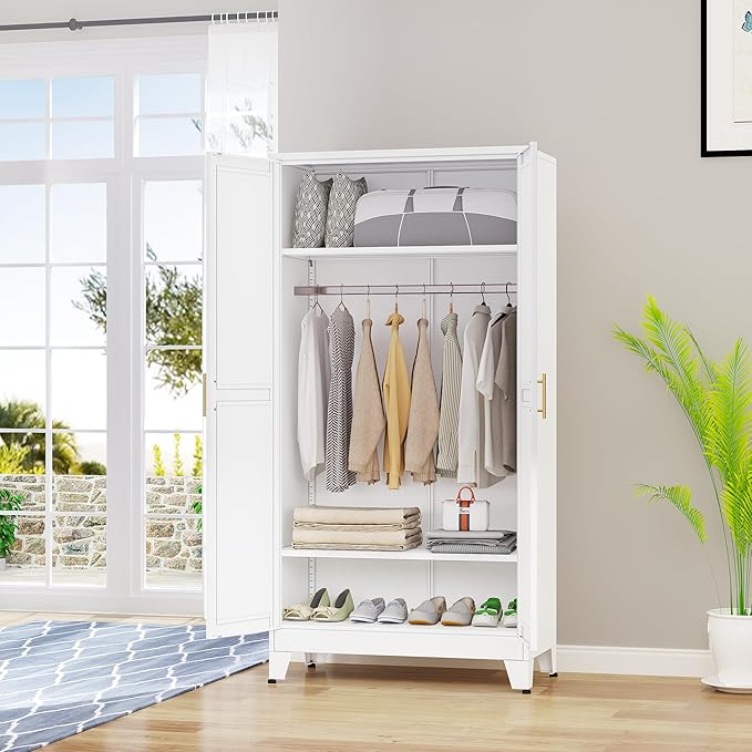 71 "Metal Armoire Wardrobe Closet, Steel Clothing Storage Cabinet with Adjustable Shelves and Hanging Rod, Household Steel Wardrobe Storage Cabinet with Adjustable Standing feet (White)