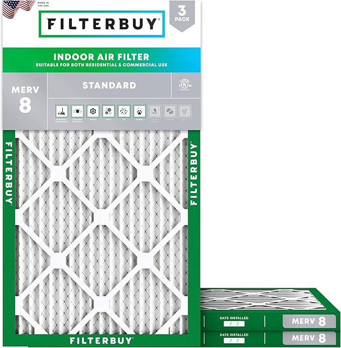 Filterbuy 13.5x21.5x1 Air Filter MERV 8 Essential Dust & Allergy Defense (3-Pack), Electrostatic Pleated HVAC AC Furnace Filters Replacement, Made in USA (Actual Size: 13.50 x 21.50 x 0.75)