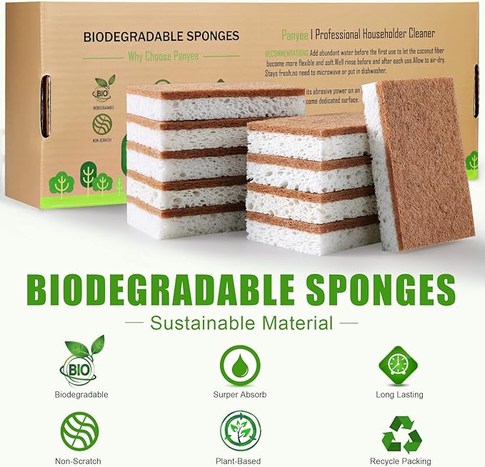 PANYEE Biodegradable Natural Kitchen Sponge，Eco Friendly Sponges for Dishes,Compostable Cellulose Sponge with Natural Plant Based Coconut Walnut Sustainable Scrubber Pack of 12