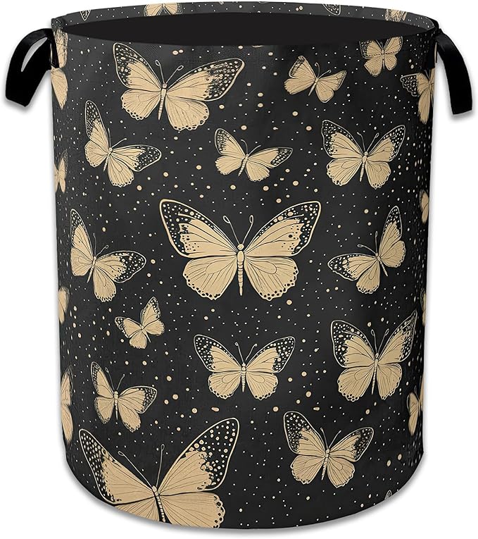 Golden Butterfly Laundry Basket,Foldable Waterproof Oxford Cloth Tote Bag Vintage Laundry Hamper with Handles,20.8"x16" Clothes Storage Bucket Organizer for Laundry Room, Bathroom, Bedroom